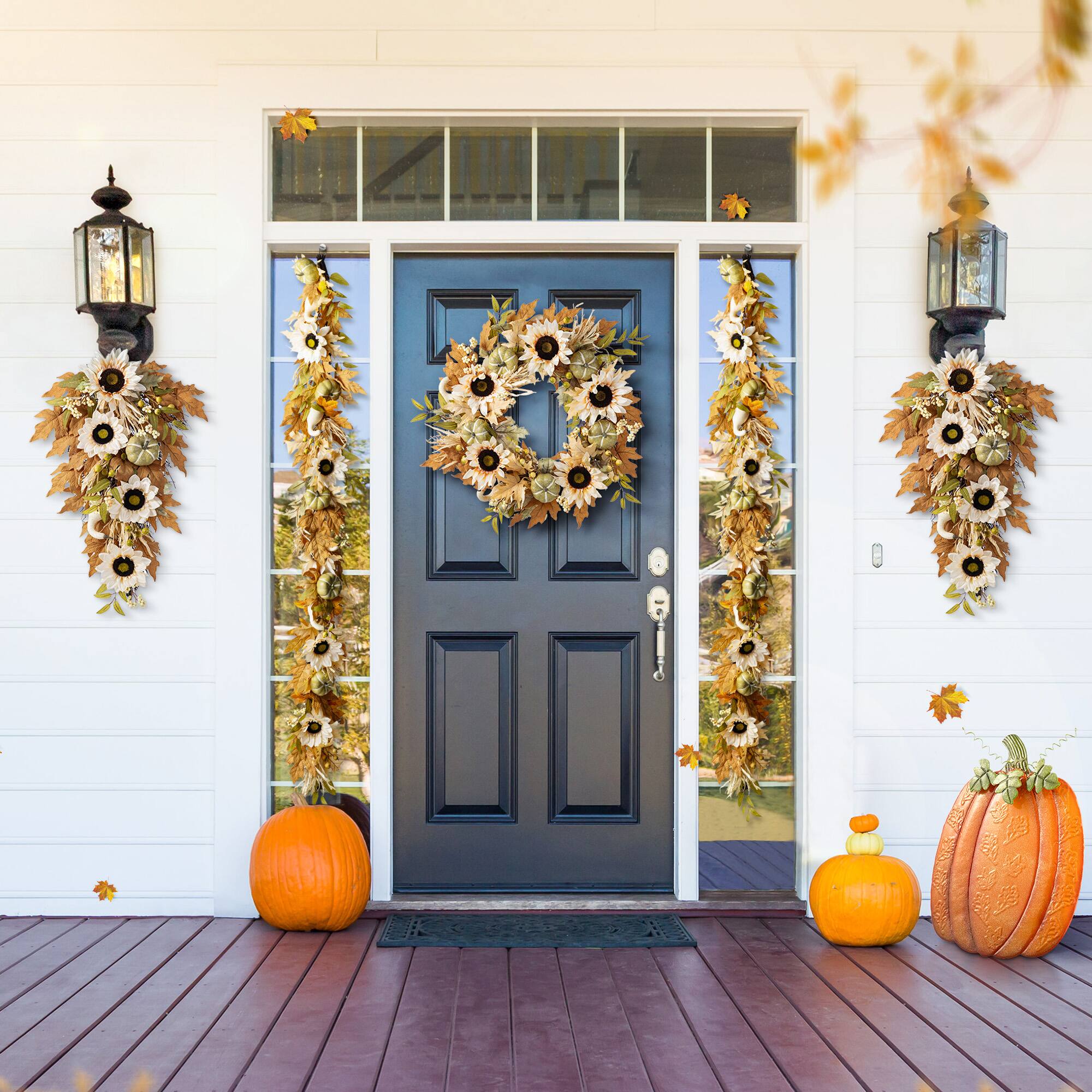 Glitzhome® 24" Fall Neutral Sunflower, Pumpkin and Leaf Wreath